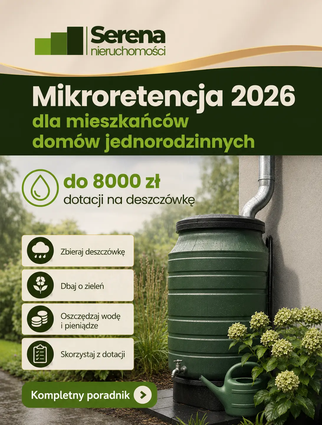 Mikroretencja 2026 dla mieszkańców domów jednorodzinnych — do 8000 zł dotacji na deszczówkę